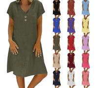 KaloKLU Abito estivo da donna in lino, leggero, grande, S-5Xl, abito da spiaggia, casual, a maniche corte, lunghezza al ginocchio, in cotone e lino, casual, scollo a V, verde, 5XL