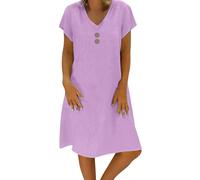 KaloKLU Abito estivo da donna in lino, leggero, grande, S-5Xl, abito da spiaggia, casual, a maniche corte, lunghezza al ginocchio, in cotone e lino, casual, scollo a V, Lilla, 5XL