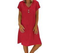 KaloKLU Abito estivo da donna in lino, leggero, grande, S-5Xl, abito da spiaggia, casual, a maniche corte, lunghezza al ginocchio, in cotone e lino, casual, scollo a V, Colore: rosso, 5XL