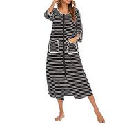 KaloKLU accappatoi donna accappatoio donna con zip manica corta/lunga cappotto casalinga morbido accappatoio con zip tasche biancheria da notte notte notte, Nero , 52