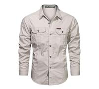KaloKLU Camicia cargo da uomo a maniche lunghe, casual, in cotone, camicia militare, camicette nere, beige., XS