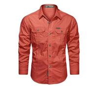 KaloKLU Camicia cargo da uomo a maniche lunghe, casual, in cotone, camicia militare, camicette nere, Colore: rosso, XS