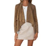 KaloKLU Giacca da donna alla moda in finta pelle scamosciata, risvolti leggeri, apertura frontale, cropped, abbigliamento casual, marrone, XXL