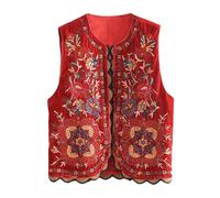 KaloKLU Gilet corto da donna Vintage floreale ricamo giacca senza maniche etnico ricamato gilet casual street capispalla, Colore: rosso, L