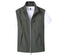 KaloKLU Gilet leggero softshell da uomo, chiusura lampo intera, asciugatura rapida, attività all'aperto, escursionismo, tempo libero, tasche multiple, pesca, giacca senza maniche, Verde militare., 5XL