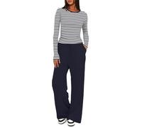 KaloKLU Set da 2 pezzi da donna, abiti autunnali 2025, maniche lunghe, gamba larga, tuta da allenamento, casual, lounge set abbinato, Blu scuro a righe (normale), S