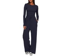 KaloKLU Set da 2 pezzi da donna, abiti autunnali 2025, maniche lunghe, gamba larga, tuta da allenamento, casual, lounge set abbinato, Blu scuro (normale), M