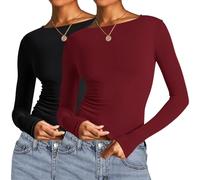KaloKLU Set di 2 magliette corte a maniche lunghe da donna, con abiti autunnali, aderenti, Un nero e un rosso profondo, S