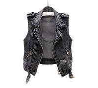 KaloKLU Smanicato da donna, taglia grande, S-5XL, punk, nero, strappato, lavato, chiusura lampo, bendaggio, gilet corto in jeans, Grigio, M