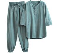 KaloKLU Tai Chi Abiti Tai Chi Abbigliamento Donna Kung Fu Uniform Cotone Lino Arti Marziali Set Pantaloni Manica Corta Zen Uniforme Meditazione Tang, Abbigliamento Tradizionale Cinese (Verde XXL