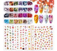 Kalolary 12 Fogli Adesivi Autunnali per Unghie, Foglie di Acero 3D Decalcomanie con 2 Scatole Glitter per Nail Art Fai-da-Te