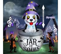 Kalolary Personaggi gonfiabili di Halloween 7FT - Cucciolo animato con musica, cane con decorazione strega, giardino gonfiabile con LED integrati per feste indoor e outdoor, decorazione da giardino