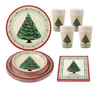 Kalolary Set di Stoviglie Natalizie Usa e Getta 96 Pezzi - 24 Set con Piatti da 9" e 7", Bicchieri da 9oz e Tovaglioli - Decorazioni per la Tavola di Natale per 24 Persone（Albero di Natale Verde）