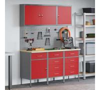 Kaloriko Banco da lavoro con cassetti rosso, in legno e acciaio, 150 x 55 x 200 cm, set da 8 pezzi con porta attrezzi, pannello forato, organizer per officina e carrello da officina