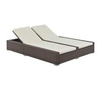 Kaloriko Doppia sedia a sdraio in polyrattan marrone, regolabile con cuscino rimovibile, lettino da giardino resistente alle intemperie, per balcone, terrazza, piscina, include 2 cuscini bianco crema