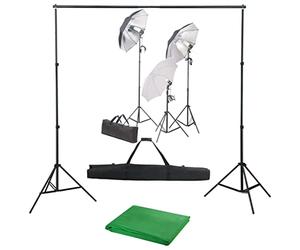 Kaloriko Kit Studio Fotografico con Fari da Studio, Lampade Fotografiche e Sistema di Sfondo in Alluminio, 3 Treppidi, 3 Lampade Luce Giorno 5500K, 300x300cm Sfondo in Cotone, Ideale per Fotografia