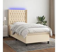 Kaloriko Letto a Molle con Materasso e LED Crema 90x200 cm in Tessuto, Struttura Legno, Testiera Regolabile, Luz LED Colorate, Supporto Schiena, Design Salvaspazio