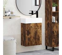 Kaloriko Mobile sottolavabo da bagno con lavabo e miscelatore nero, in legno di rovere affumicato, 45,5 x 22,5 x 84 cm, vano portaoggetti con vano e porta reversibile, montaggio a parete per bagno
