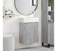 Kaloriko Mobile sottolavabo da bagno, grigio Sonoma, con lavabo in ceramica e rubinetto miscelatore, montaggio a parete, 45,5 x 22,5 x 84 cm, porta reversibile e ripiano per bagno degli ospiti