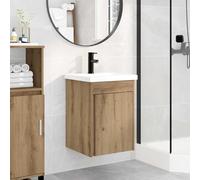 Kaloriko Mobile sottolavabo da bagno in rovere Artisan con lavabo in ceramica e miscelatore nero, montaggio a parete, 42 x 40 x 74,5 cm, con vano portaoggetti, scarico push