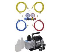 Kaloriko Pompa a vuoto da 50 l/min con distributore a 4 vie con manometro per accessori per condizionatori d'aria, alloggiamento in alluminio, controllo del livello dell'olio, 220 V, 250 W, con tubo