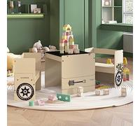Kaloriko Set da 3 pezzi con tavolo e sedia per bambini, design fuoristrada, MDF, beige, 48 x 48 x 48 cm, con centrotavola e libreria, per cameretta dei bambini, 6-12 anni, versatile