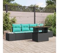 Kaloriko Set da Pranzo per Giardino in Polyrattan con Cuscino Nero e Verde acqua, Tavolo e Sedute Modulari Resistenti ai Raggi UV, per Esterni, Tavola da Giardino per Relax e Socialità