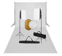 Kaloriko Set da studio fotografico Softbox con 2 lampade da studio da 24 W, sistema di sfondo 75-210 cm nero, 600 x 300 cm in cotone, riflettore 5 in 1 da 110 cm, riflettore 2 in 1, treppiedi