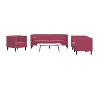 Kaloriko Set di 3 divani Chesterfield con cuscini per il collo, in velluto, rosso vino, 3 posti, 2 posti, imbottitura, per soggiorno, comodo, salvaspazio