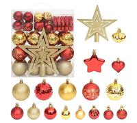 Kaloriko Set di 70 palline di Natale in plastica infrangibile, in oro e rosso, con punta a stella, vari ornamenti, con scatola per la decorazione dell'albero di Natale e dell'Avvento