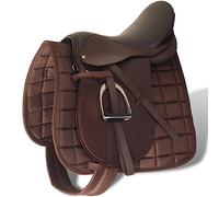Kaloriko Set di sella per cavallo, 44,5 cm, in vera pelle, marrone, con coprisella, staffe e cinghia, larghezza della camera da 12 cm, per equitazione, torneo e allenamento all'aperto