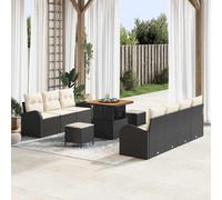 Kaloriko Set Divano da Giardino con 10 Cuscini Nero e Crema in Polyrattan e Legno di Acacia per Spazi Esterni, Tavolo, Pouf, Stoccaggio, Comfort e Stile Moderno