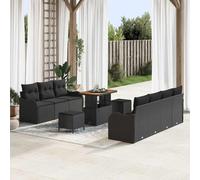 Kaloriko Set Divano da Giardino con Cuscino 10 pezzi Nero in Polyrattan, Legno e Acciaio per Esterni, Modulare, Resistente ai Raggi UV, per Giardini, Terrazze e Spazi Relax