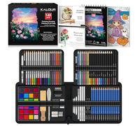 KALOUR Kit da disegno da 140 pezzi, materiale artistico con album da disegno a 3 colori e carta da colorare, include tutorial, colorato, grafite, carbone, acquerelli e matite metalliche, per artisti