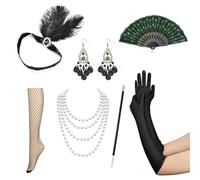 Kalttoy Accessorio per costume anni '20 con fascia con piume, guanti in raso, collana di perle e porta sigarette nere collana di perle finte, 1 set., Taglia unica
