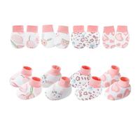 Kalttoy Confezione da 4 guanti in cotone per neonati e calzini coordinati per genere neutro che proteggono la pelle tenera dai graffi per bambini, copertura antigraffio per le mani, Set 1, Taglia