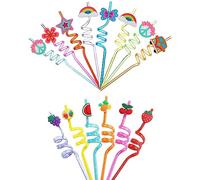 KALUROIL 14 PCS Cannucce riutilizzabili in plastica per alimenti, con design di cartoni animati, per cocktail, gin, tè, succo di frutta, per bambini e adulti