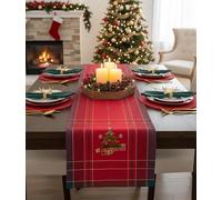 Kamaca - Federa per cuscino “Serie Albero di Natale” in rosso a quadretti, con incantevoli ricami in oro e verde, un colpo d'occhio per l’autunno, l’inverno e il Natale