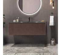 KAMALU - Mobile bagno sospeso 120cm rovere effetto cannettato con lavabo nero KDS-120L