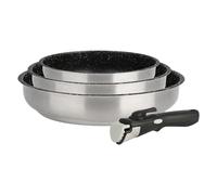 KAMBERG Set di pentole Set pentole 4 pezzi, Acciaio inossidabile, Rivestimento in Pietra, Tutti i fuochi tra cui induzione, Manico rimovibile, Senza PFOA, Grigio