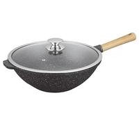 KAMBERG - Wok 32 cm - 5,0 litri - Manico fisso in legno - Ghisa di alluminio - Rivestimento in pietra - Coperchio in vetro - Tutti i fuochi inclusi induzione - Senza PFOA - 0008220