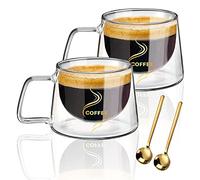 KAMEUN Tazza Caffe Vetro a Doppia Parete Set di 2, Bicchieri di Doppio Vetro 200 ml con 2 Cucchiai con Manico Calici da Acqua Tazze Cappuccino Trasparenti per Tè, Latte, Espresso, Birra, Succo