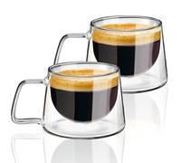 KAMEUN Tazza Caffe Vetro a Doppia Parete Set di 2, Bicchieri di Doppio Vetro 300 ml con Manico Calici da Acqua Tazze Cappuccino Trasparenti per Tè, Latte, Espresso, Birra, Succo
