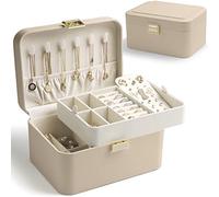 KAMIER Organizzatore di gioielli, scatola organizer per gioielli a 2 strati per orecchini, bracciali, anelli, collane, in pelle di lusso e velluto morbido, confezione regalo,beige