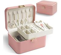KAMIER Portagioie da viaggio, organizer portatile a 2 strati, per orecchini, bracciali, anelli, collane, in pelle di lusso e morbido velluto, confezione regalo, rosa