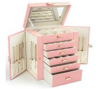 KAMIER Scatole per gioielli da donna, organizer per gioielli a 4 strati con specchio, 3 cassetti, grande portagioie per bracciali, orecchini, anelli, collane, regali per la festa della mamma per la