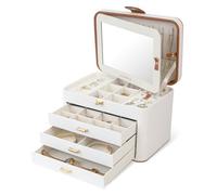 KAMIER Scatole per gioielli da donna, organizer per gioielli a 4 strati con specchio, 3 cassetti, scatola per gioielli, regalo di Natale, per orecchini, collane, bracciali, anelli, bianco