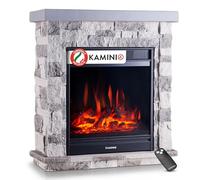 KAMINIO® Camino elettrico da appoggio con riscaldamento [Grigio, Juan] | Caminetto elettrico da terra decorativo, termocamino con effetto fuoco LED a 5 livelli di intensità, mensola e telecomando