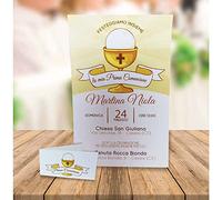 kamiustore Bigliettini + inviti Prima comunione mod. Calice con personalizzazione in set da 25, 50, 100, pezzi