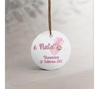 Kamiustore Tags etichette nascita 'È Nata Balloon' Rosa personalizzate con nome e data, 30 pezzi, 5 cm, rotondi, cartoncino 200g/m2, foro 3mm